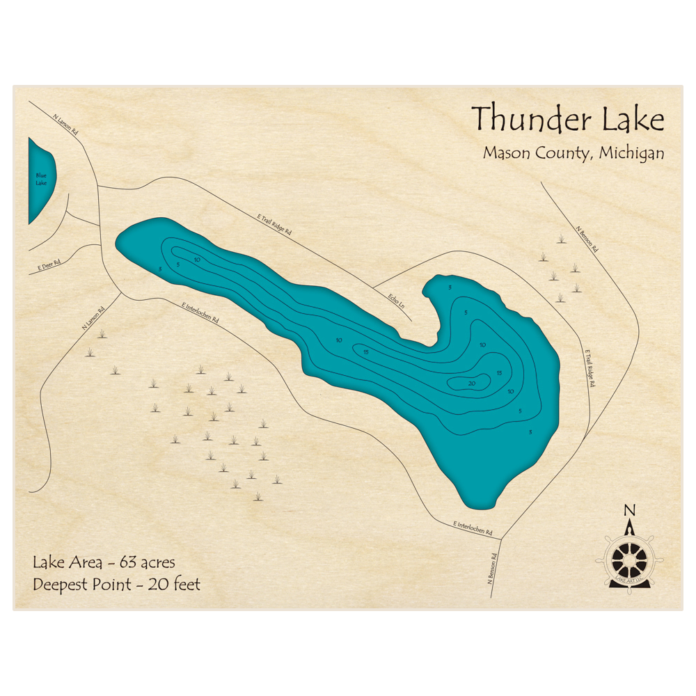 Bathymetric topo map of Thunder Lake with roads, towns and depths noted in blue water