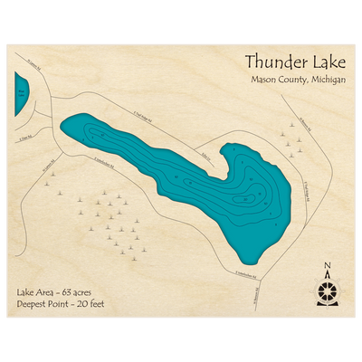 Bathymetric topo map of Thunder Lake with roads, towns and depths noted in blue water