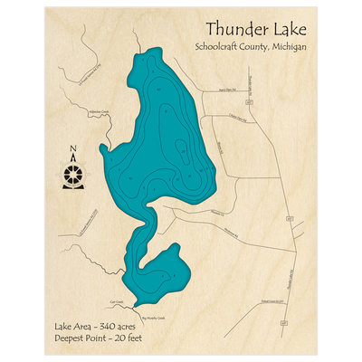 Bathymetric topo map of Thunder Lake with roads, towns and depths noted in blue water