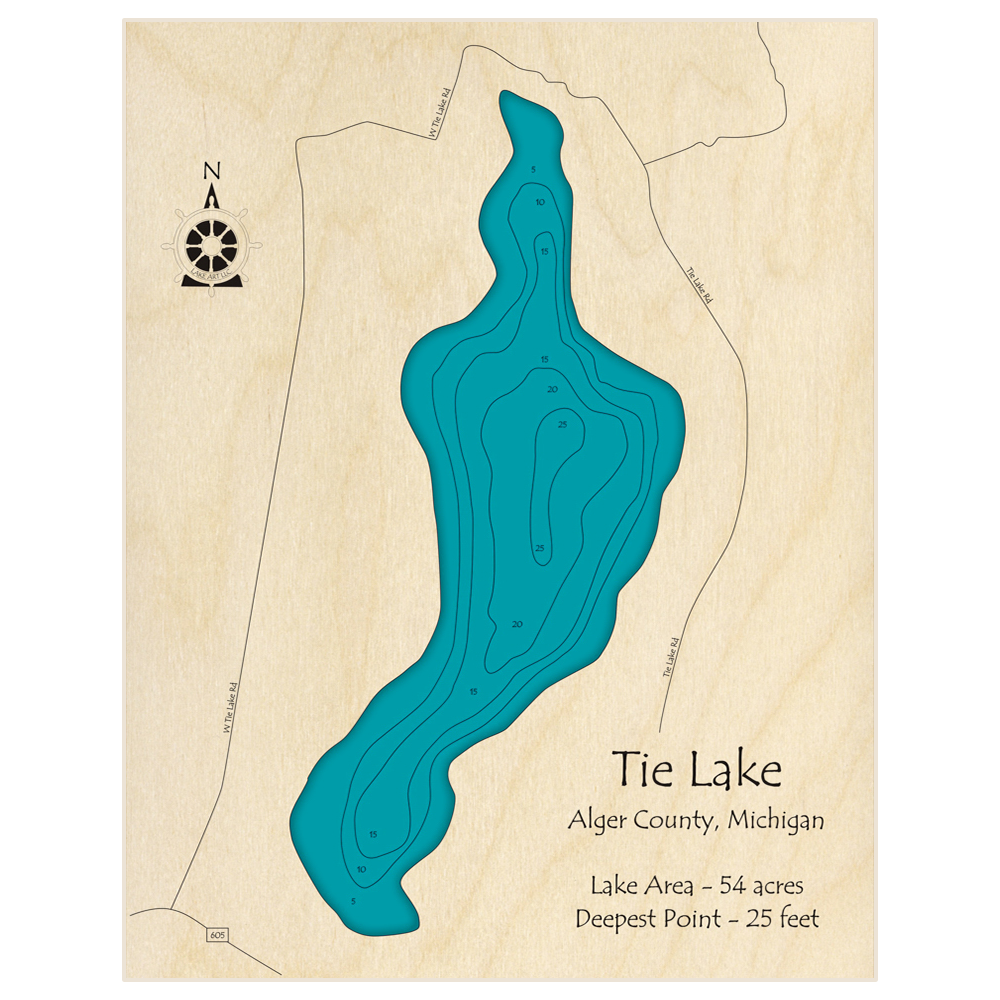 Bathymetric topo map of Tie Lake with roads, towns and depths noted in blue water