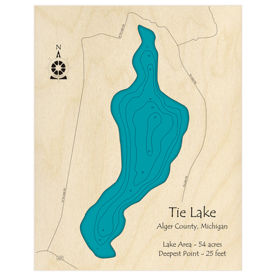 Bathymetric topo map of Tie Lake with roads, towns and depths noted in blue water