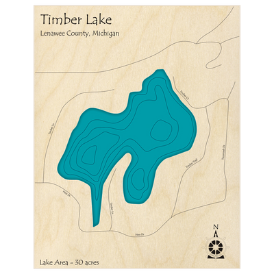 Bathymetric topo map of Timber Lake with roads, towns and depths noted in blue water