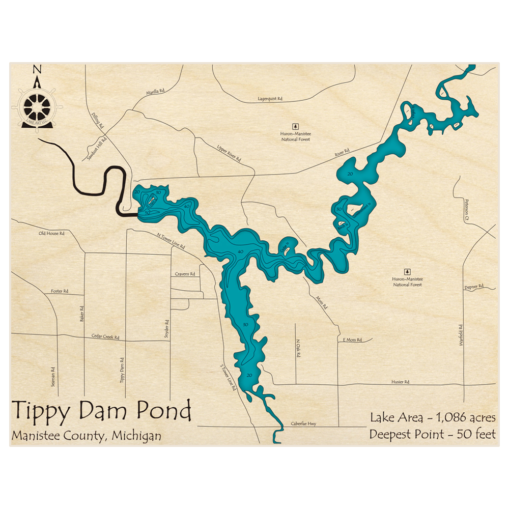 Bathymetric topo map of Tippy Dam Pond with roads, towns and depths noted in blue water