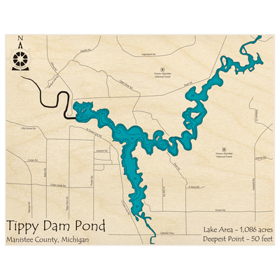 Bathymetric topo map of Tippy Dam Pond with roads, towns and depths noted in blue water