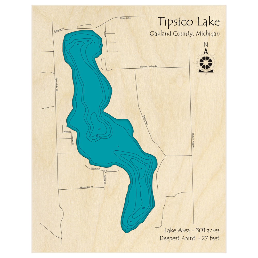 Bathymetric topo map of Tipsico Lake with roads, towns and depths noted in blue water