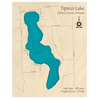 Bathymetric topo map of Tipsico Lake with roads, towns and depths noted in blue water