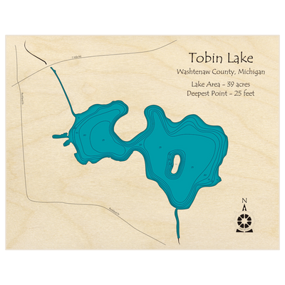 Bathymetric topo map of Tobin Lake with roads, towns and depths noted in blue water