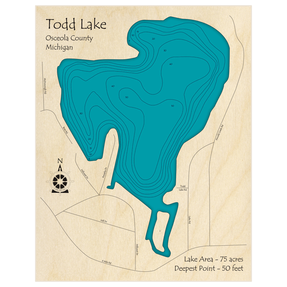 Bathymetric topo map of Todd Lake with roads, towns and depths noted in blue water