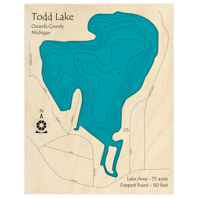 Bathymetric topo map of Todd Lake with roads, towns and depths noted in blue water