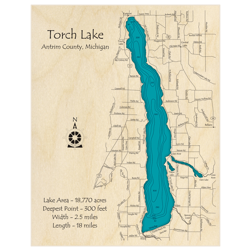 Bathymetric topo map of Torch Lake with roads, towns and depths noted in blue water