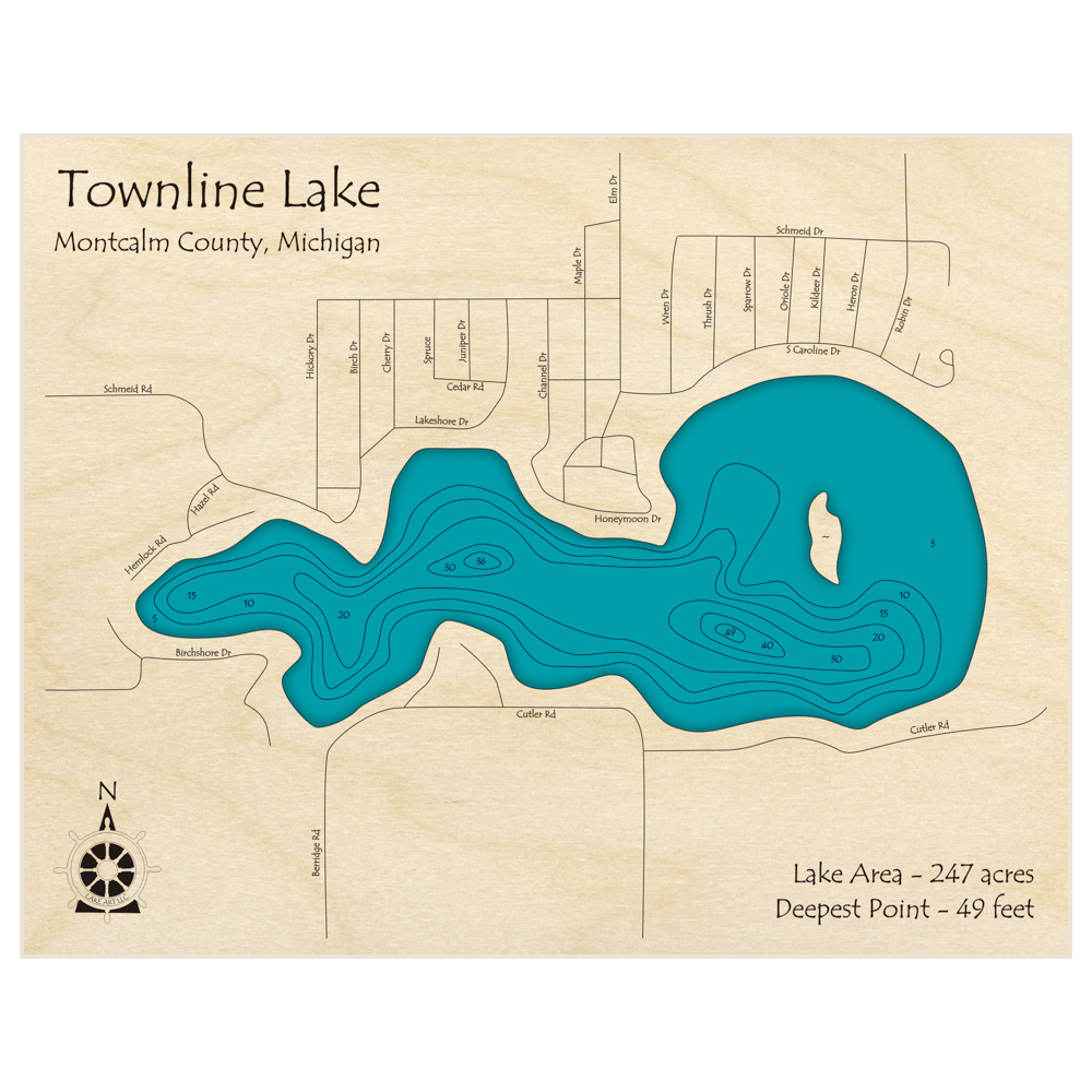 Bathymetric topo map of Townline Lake with roads, towns and depths noted in blue water