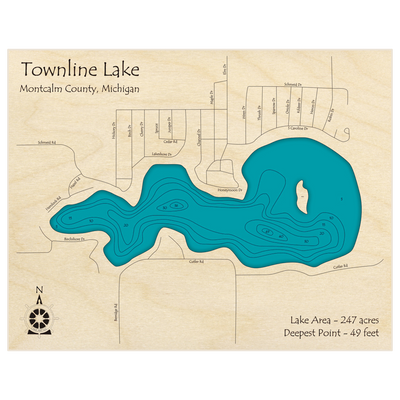 Bathymetric topo map of Townline Lake with roads, towns and depths noted in blue water