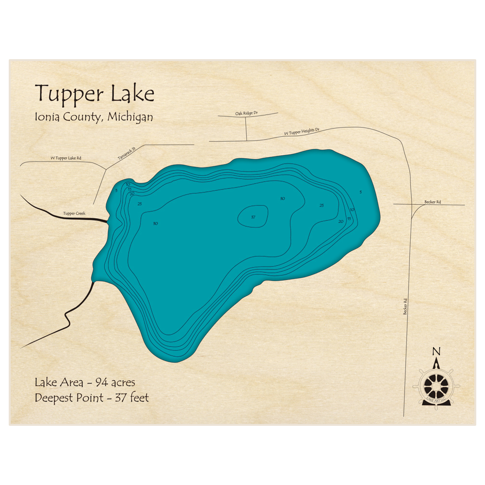 Bathymetric topo map of Tupper Lake with roads, towns and depths noted in blue water