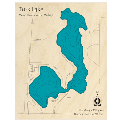 Bathymetric topo map of Turk Lake with roads, towns and depths noted in blue water