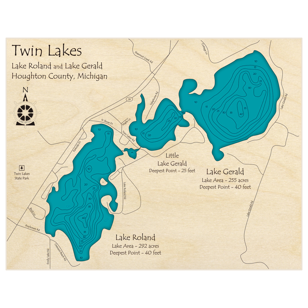 Bathymetric topo map of Twin Lakes (Lake Roland and Lake Gerald) with roads, towns and depths noted in blue water