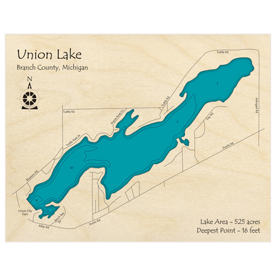 Bathymetric topo map of Union Lake with roads, towns and depths noted in blue water