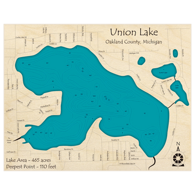 Bathymetric topo map of Union Lake with roads, towns and depths noted in blue water