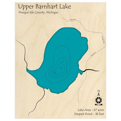 Bathymetric topo map of Upper Barnhart Lake with roads, towns and depths noted in blue water