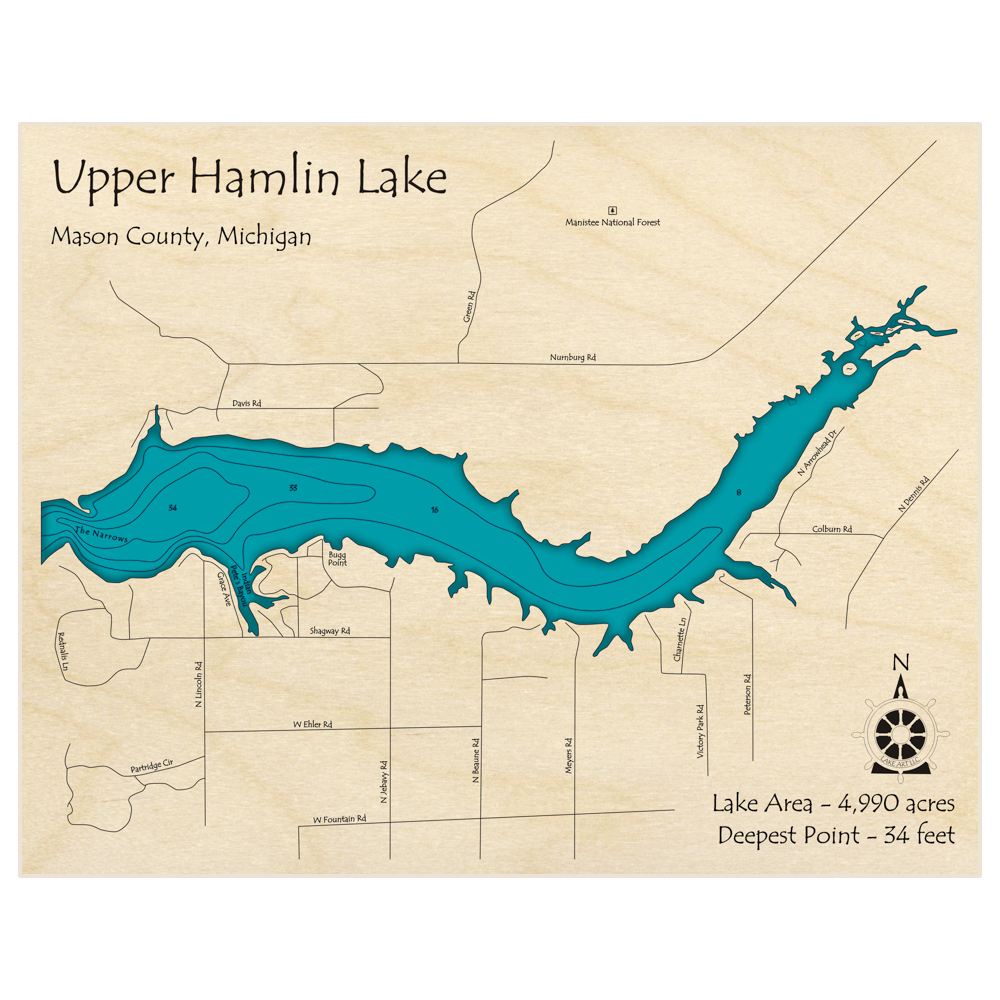 Bathymetric topo map of Hamlin Lake (Upper) with roads, towns and depths noted in blue water