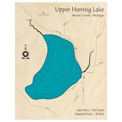 Bathymetric topo map of Upper Herring Lake with roads, towns and depths noted in blue water