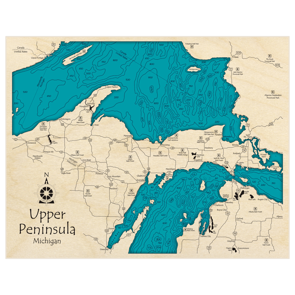 Bathymetric topo map of Upper Peninsula with roads, towns and depths noted in blue water