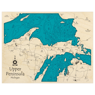 Bathymetric topo map of Upper Peninsula with roads, towns and depths noted in blue water