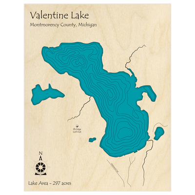 Bathymetric topo map of Valentine Lake  with roads, towns and depths noted in blue water