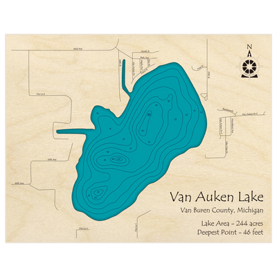 Bathymetric topo map of Van Auken Lake with roads, towns and depths noted in blue water