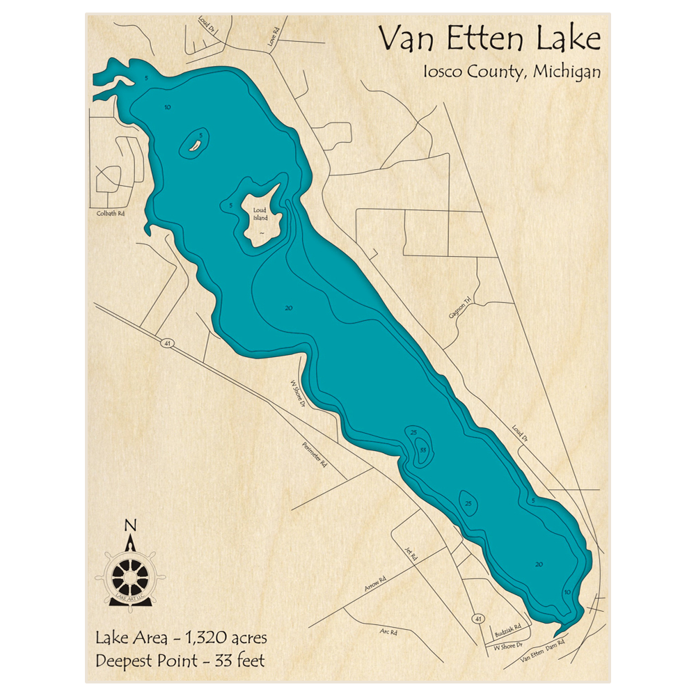 Bathymetric topo map of Van Etten Lake with roads, towns and depths noted in blue water