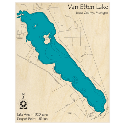 Bathymetric topo map of Van Etten Lake with roads, towns and depths noted in blue water