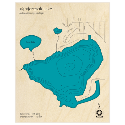 Bathymetric topo map of Vandercook Lake with roads, towns and depths noted in blue water