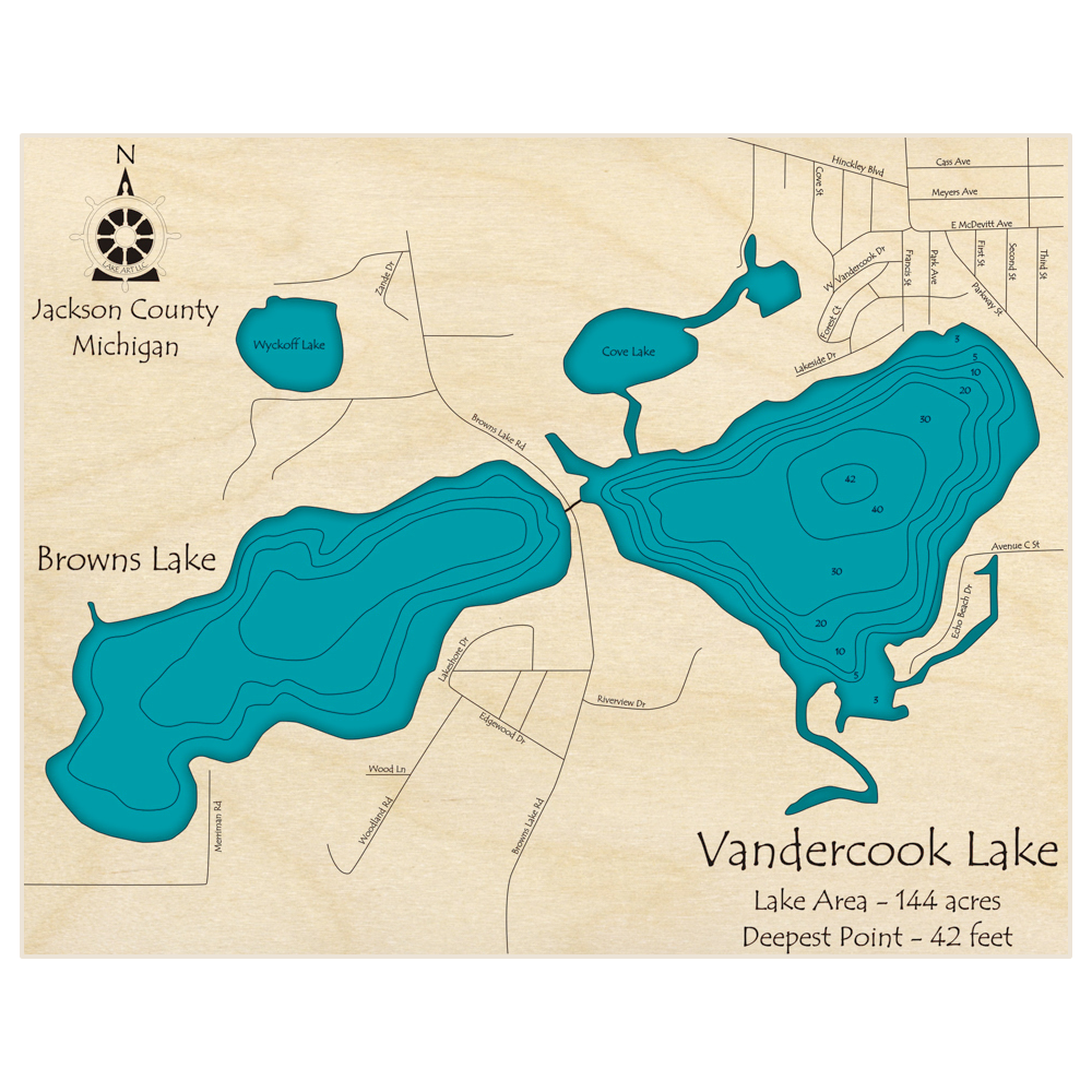 Bathymetric topo map of Vandercook Lake (With Browns Lake) with roads, towns and depths noted in blue water