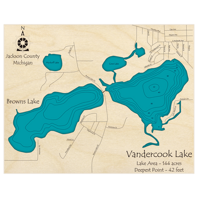 Bathymetric topo map of Vandercook Lake (With Browns Lake) with roads, towns and depths noted in blue water