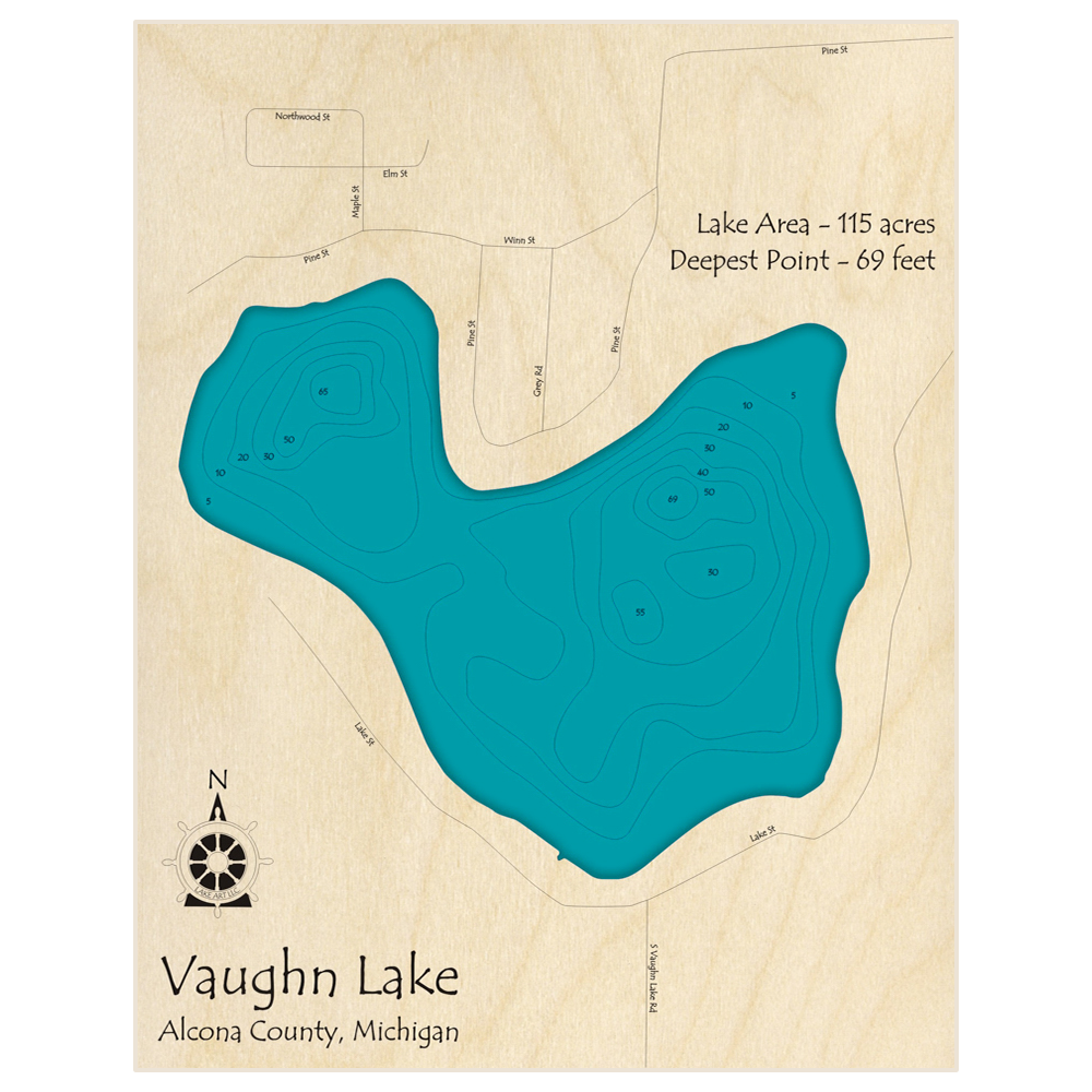 Bathymetric topo map of Vaughn Lake with roads, towns and depths noted in blue water