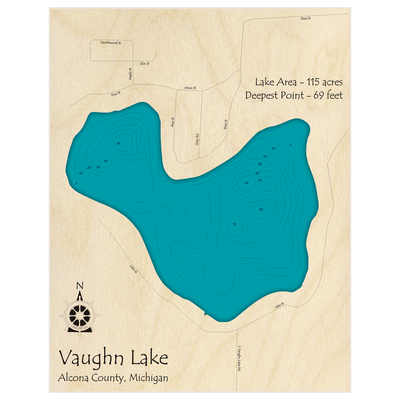 Bathymetric topo map of Vaughn Lake with roads, towns and depths noted in blue water