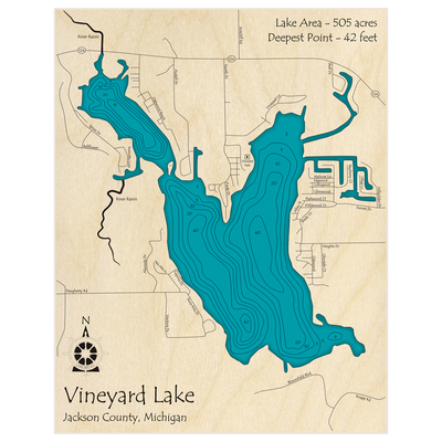 Bathymetric topo map of Vineyard Lake with roads, towns and depths noted in blue water