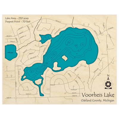 Bathymetric topo map of Voorheis Lake with roads, towns and depths noted in blue water