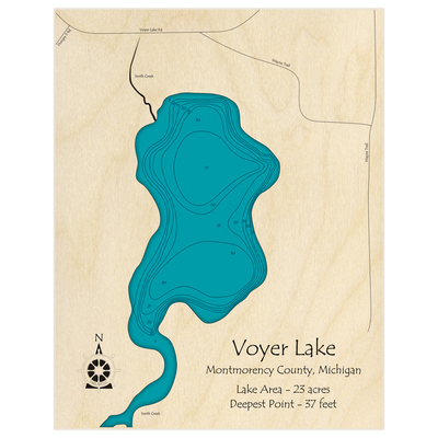 Bathymetric topo map of Voyer Lake with roads, towns and depths noted in blue water