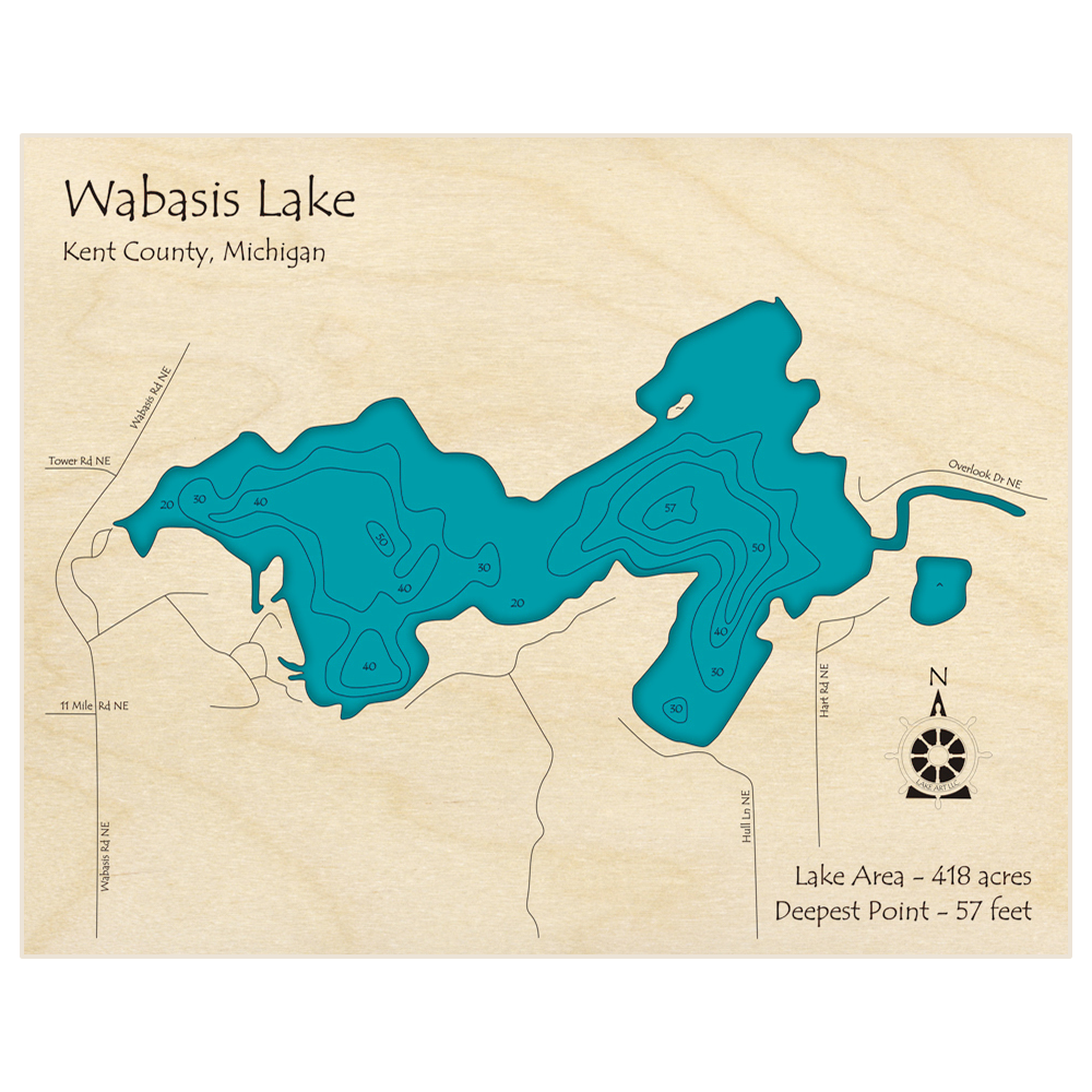 Bathymetric topo map of Wabasis Lake with roads, towns and depths noted in blue water