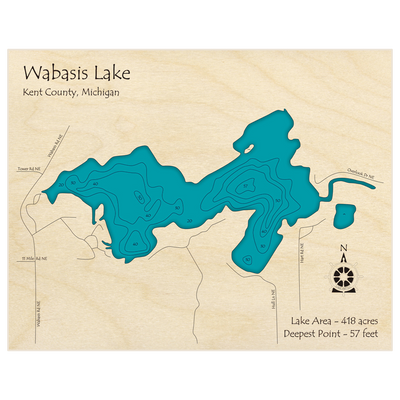 Bathymetric topo map of Wabasis Lake with roads, towns and depths noted in blue water