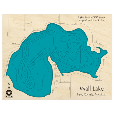 Bathymetric topo map of Wall Lake with roads, towns and depths noted in blue water