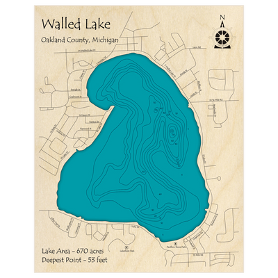 Bathymetric topo map of Walled Lake with roads, towns and depths noted in blue water