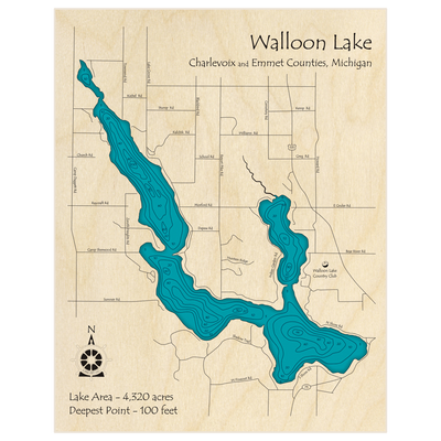 Bathymetric topo map of Walloon Lake with roads, towns and depths noted in blue water