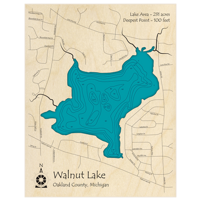 Bathymetric topo map of Walnut Lake with roads, towns and depths noted in blue water