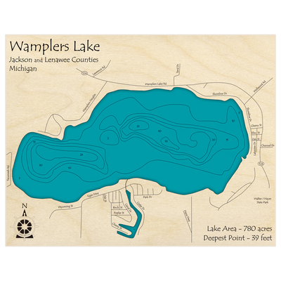 Bathymetric topo map of Wamplers Lake with roads, towns and depths noted in blue water