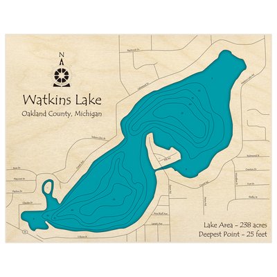 Bathymetric topo map of Watkins Lake with roads, towns and depths noted in blue water