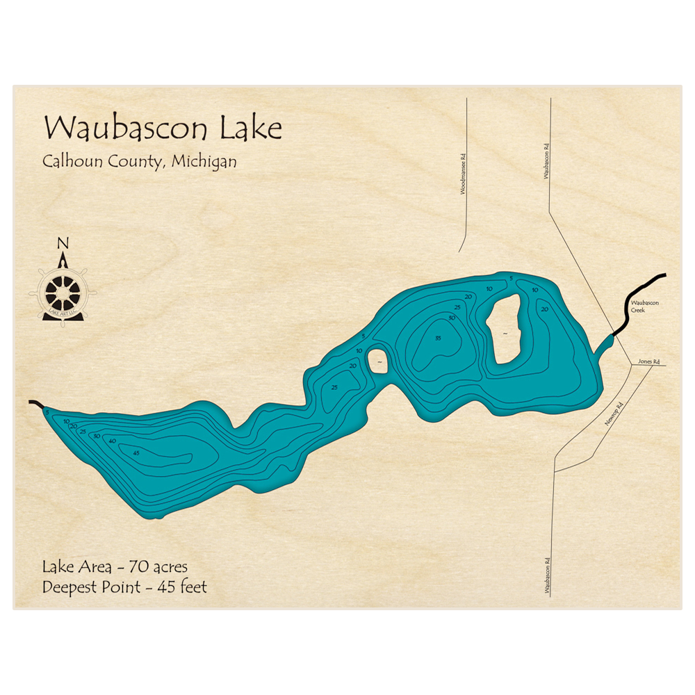 Bathymetric topo map of Waubascon Lake with roads, towns and depths noted in blue water