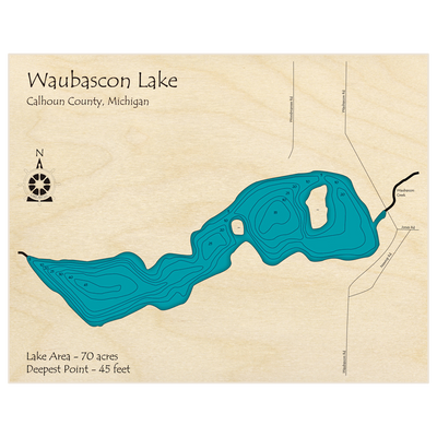 Bathymetric topo map of Waubascon Lake with roads, towns and depths noted in blue water