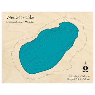 Bathymetric topo map of Wegwaas Lake with roads, towns and depths noted in blue water