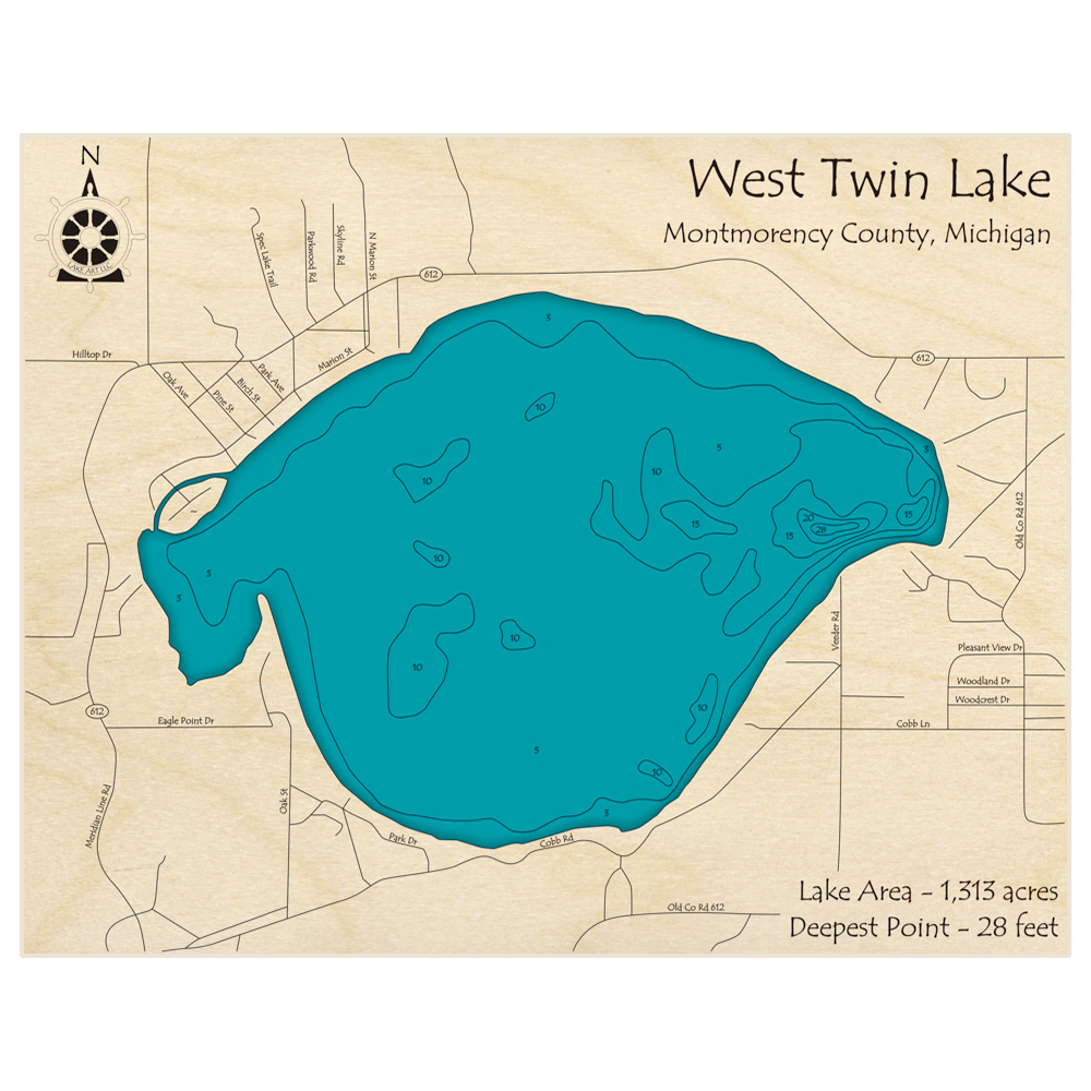 Bathymetric topo map of West Twin Lake with roads, towns and depths noted in blue water